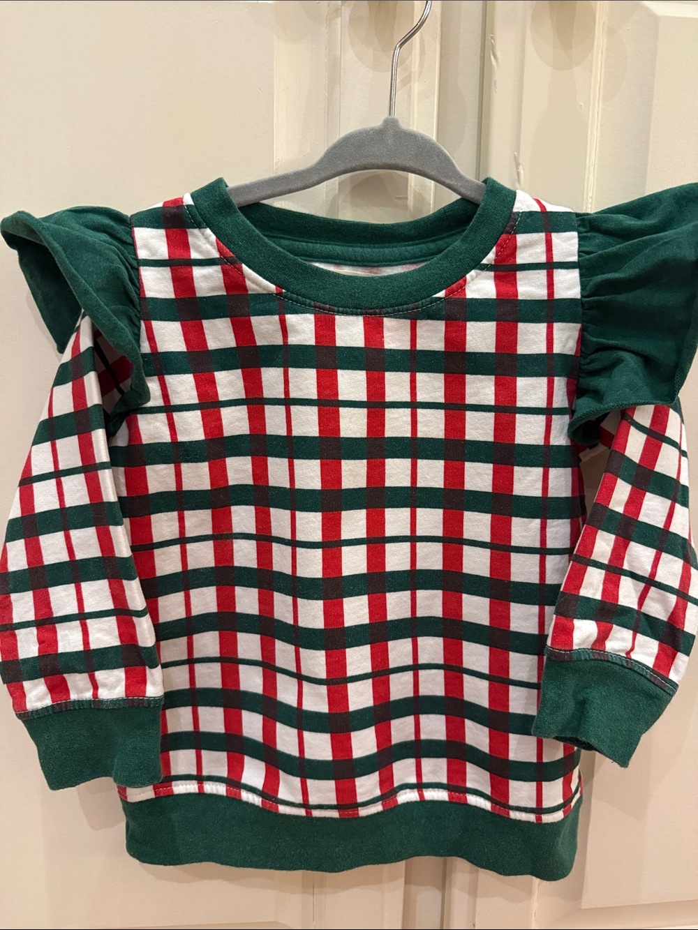Monica + Andy Girls Green & Red Plaid Ruffle-Shoulder Sweatshirt